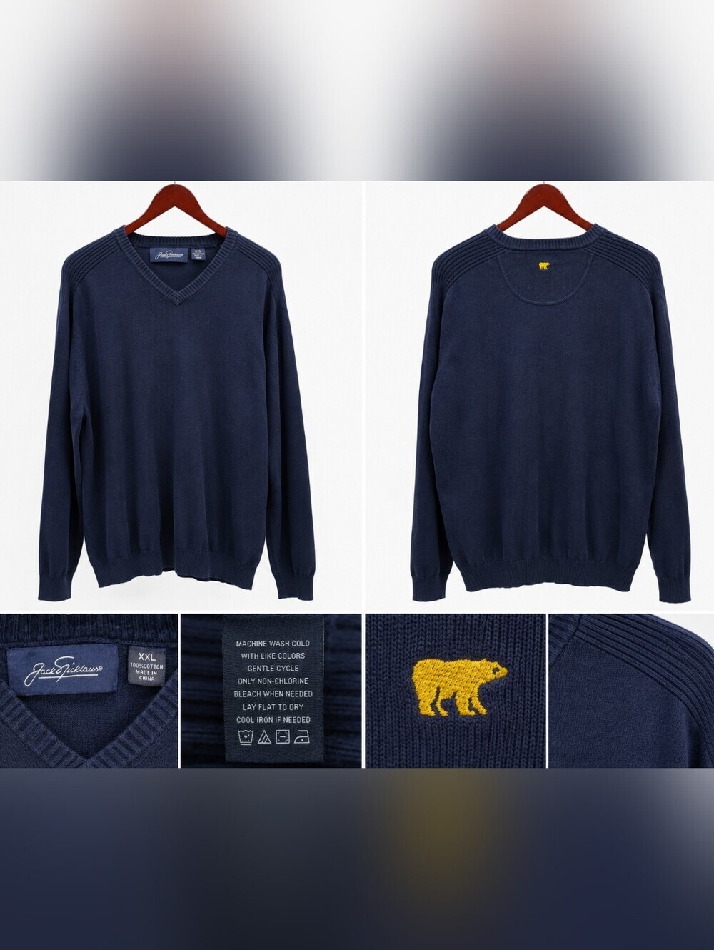 Jack Nicklaus Men’s XXL Navy Blue V-Neck Sweater 100% Cotton Pullover Golf.
